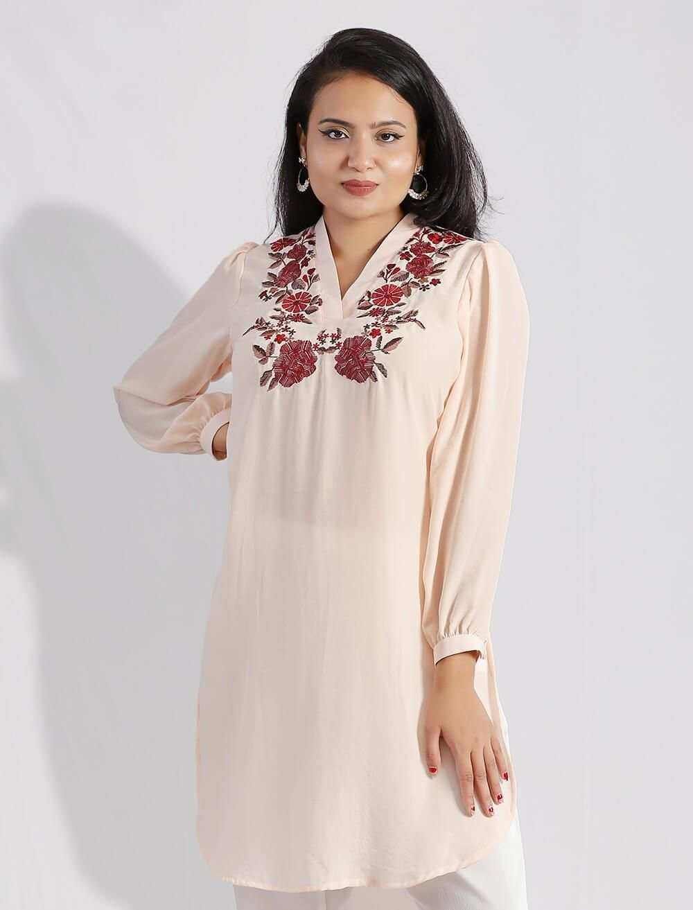 Embroidered Kurti With High Low Rounded Hem - Blucheez