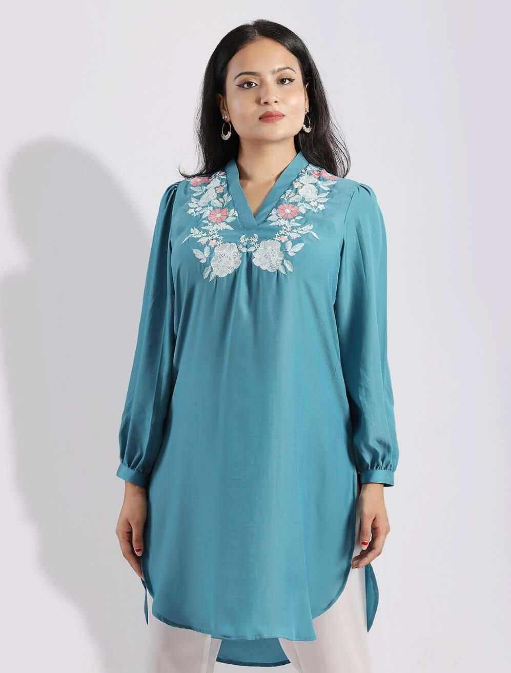 Embroidered Kurti With High Low Rounded Hem - Blucheez
