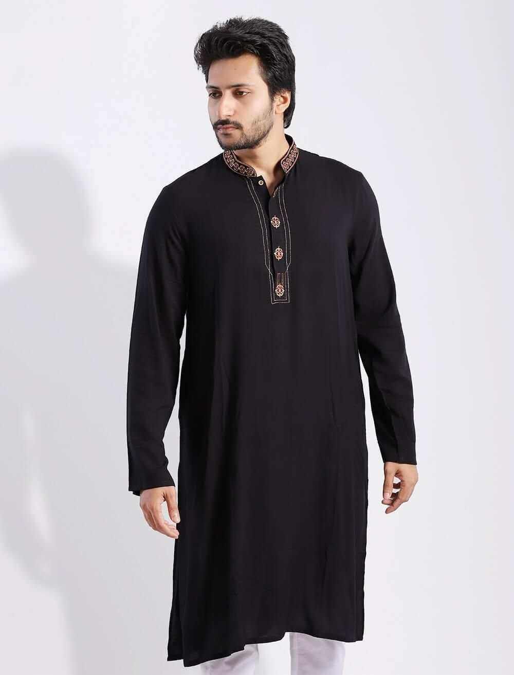 Regular Fit Panjabi With Contrast Embroidery - Blucheez