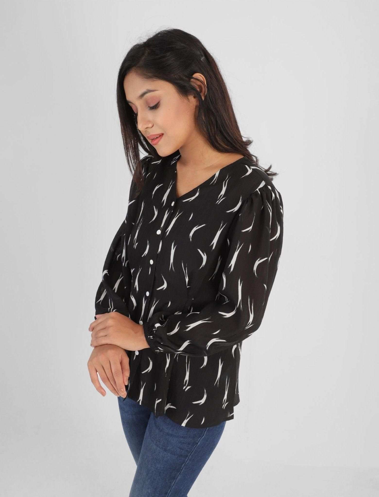 V-Neck With Puff Sleeve Printed Top - Blucheez