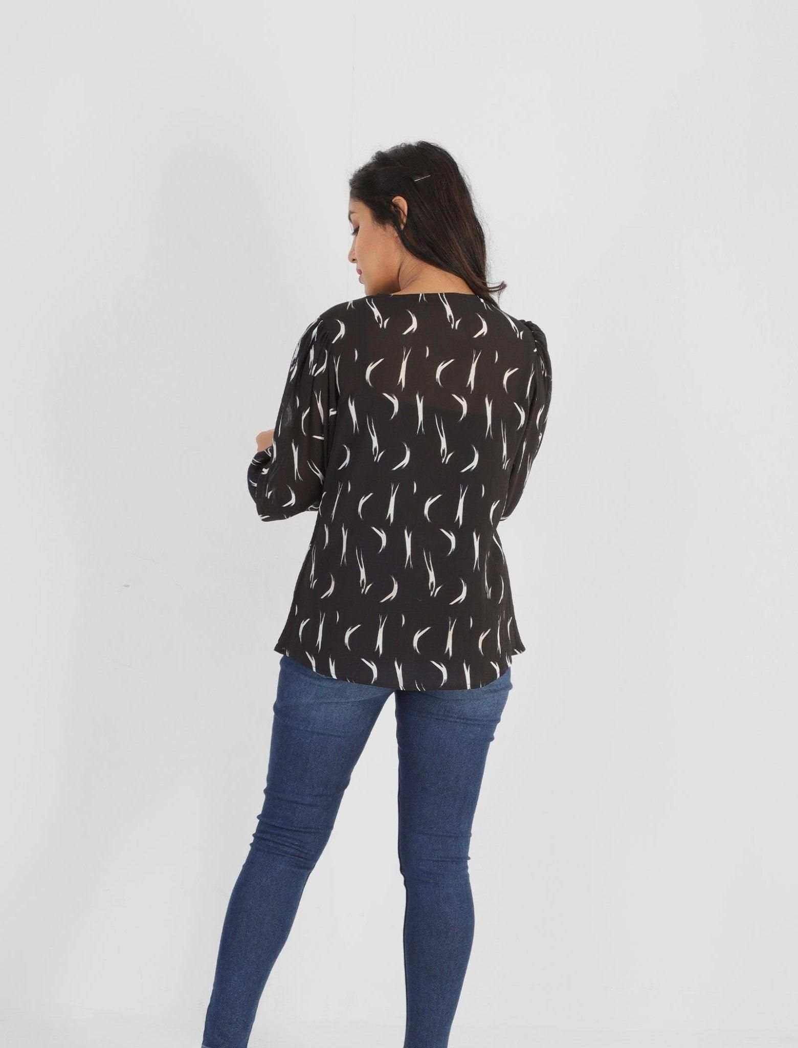 V-Neck With Puff Sleeve Printed Top - Blucheez